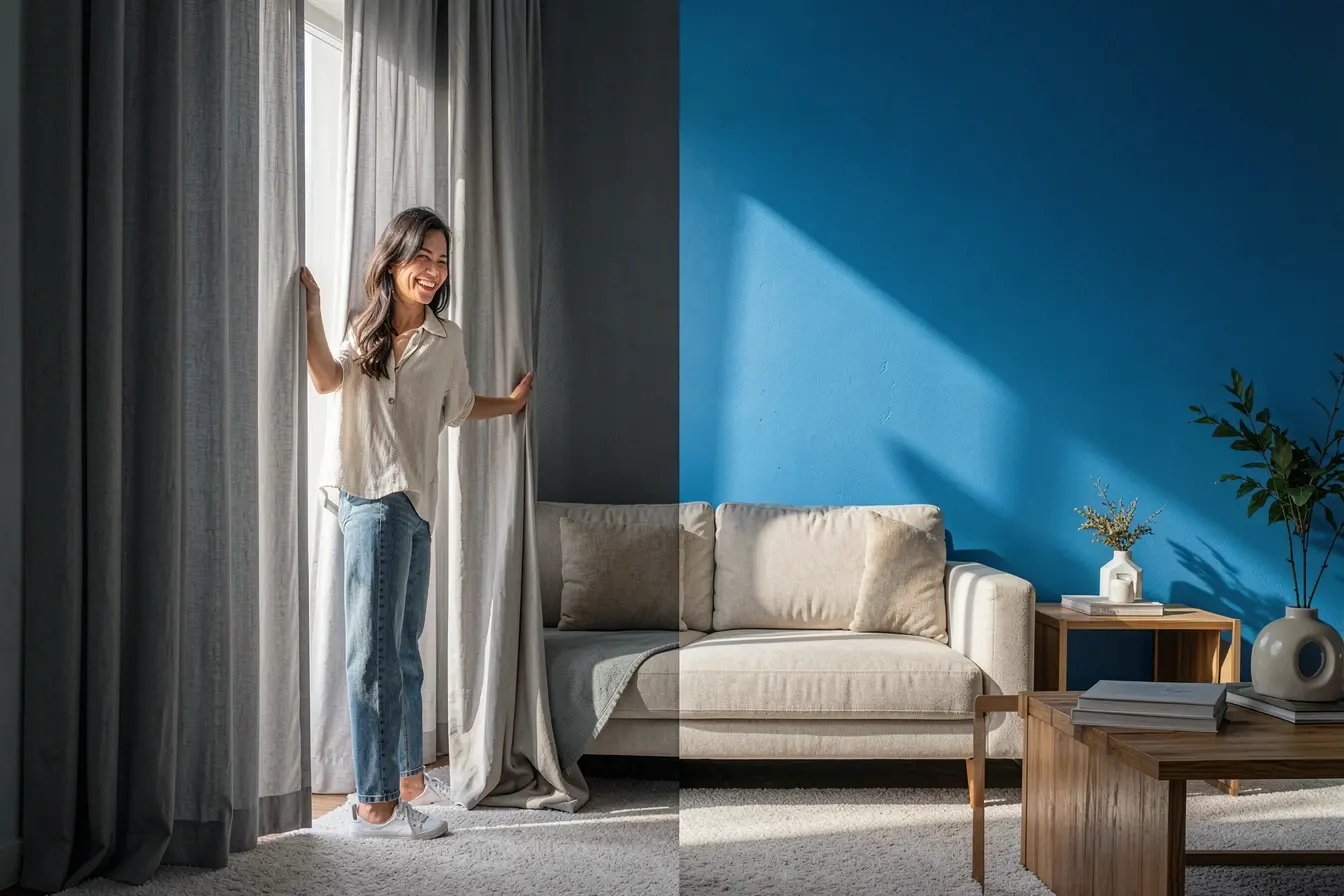 azul-da-parede-parece-cinza-na-sombra-e-intenso-sob-a-luz-natural-da-sala A luz da casa pode fazer azul, terracota e verde parecerem outra cor azul-da-parede-parece-cinza-na-sombra-e-intenso-sob-a-luz-natural-da-sala A luz da casa pode fazer azul, terracota e verde parecerem outra cor