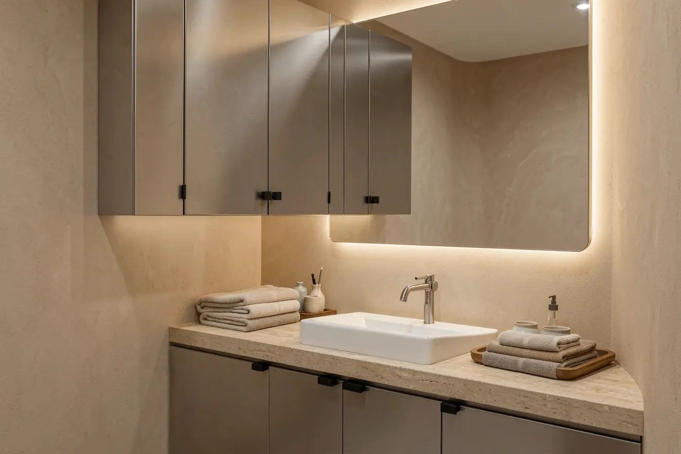 banheiro-com-gabinete-de-aco-inox-acetinado-pedra-bege-madeira-e-iluminacao-quente Móveis de aço inox sem aparência industrial: acabamentos que aquecem a decoração banheiro-com-gabinete-de-aco-inox-acetinado-pedra-bege-madeira-e-iluminacao-quente Móveis de aço inox sem aparência industrial: acabamentos que aquecem a decoração