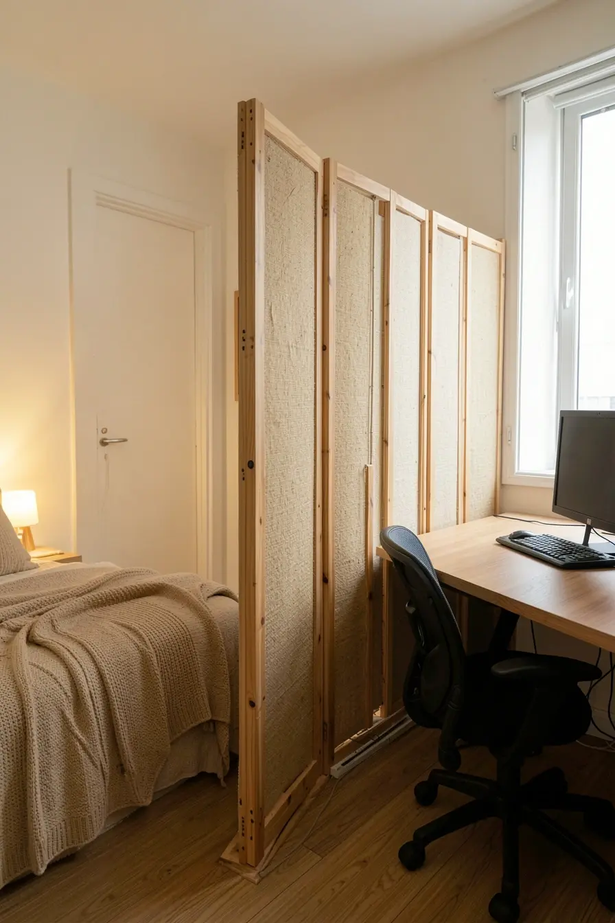 biombo-de-madeira-separando-cama-e-escritorio-em-quarto-pequeno-sem-bloquear-a-circulacao Trabalho e descanso no mesmo quarto: a divisória certa evita a sensação de improviso biombo-de-madeira-separando-cama-e-escritorio-em-quarto-pequeno-sem-bloquear-a-circulacao Trabalho e descanso no mesmo quarto: a divisória certa evita a sensação de improviso