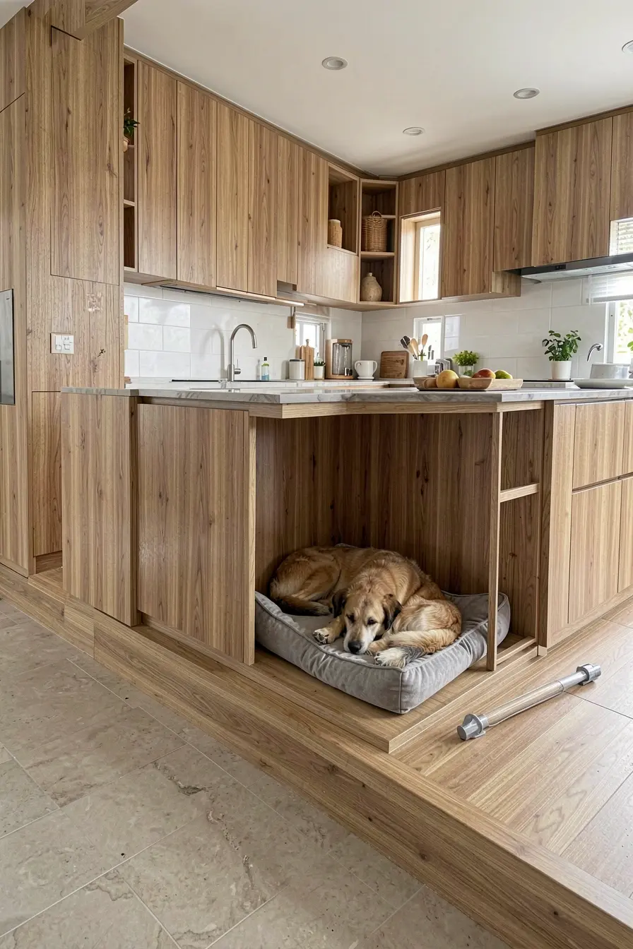 cama-de-cachorro-integrada-ao-balcao-da-cozinha-fora-da-circulacao-e-com-acabamento-facil-de-limpar Nichos, caminhas e passagens: a marcenaria que faz o pet caber no projeto da casa cama-de-cachorro-integrada-ao-balcao-da-cozinha-fora-da-circulacao-e-com-acabamento-facil-de-limpar Nichos, caminhas e passagens: a marcenaria que faz o pet caber no projeto da casa