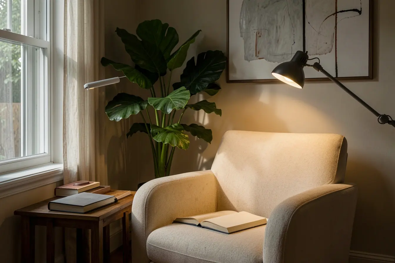 canto-de-leitura-com-luz-lateral-da-janela-luminaria-direcionada-e-sombras-de-planta-criando-profundidade-no-ambiente Antes dos objetos, a luz: o que sustenta casas mais aconchegantes canto-de-leitura-com-luz-lateral-da-janela-luminaria-direcionada-e-sombras-de-planta-criando-profundidade-no-ambiente Antes dos objetos, a luz: o que sustenta casas mais aconchegantes