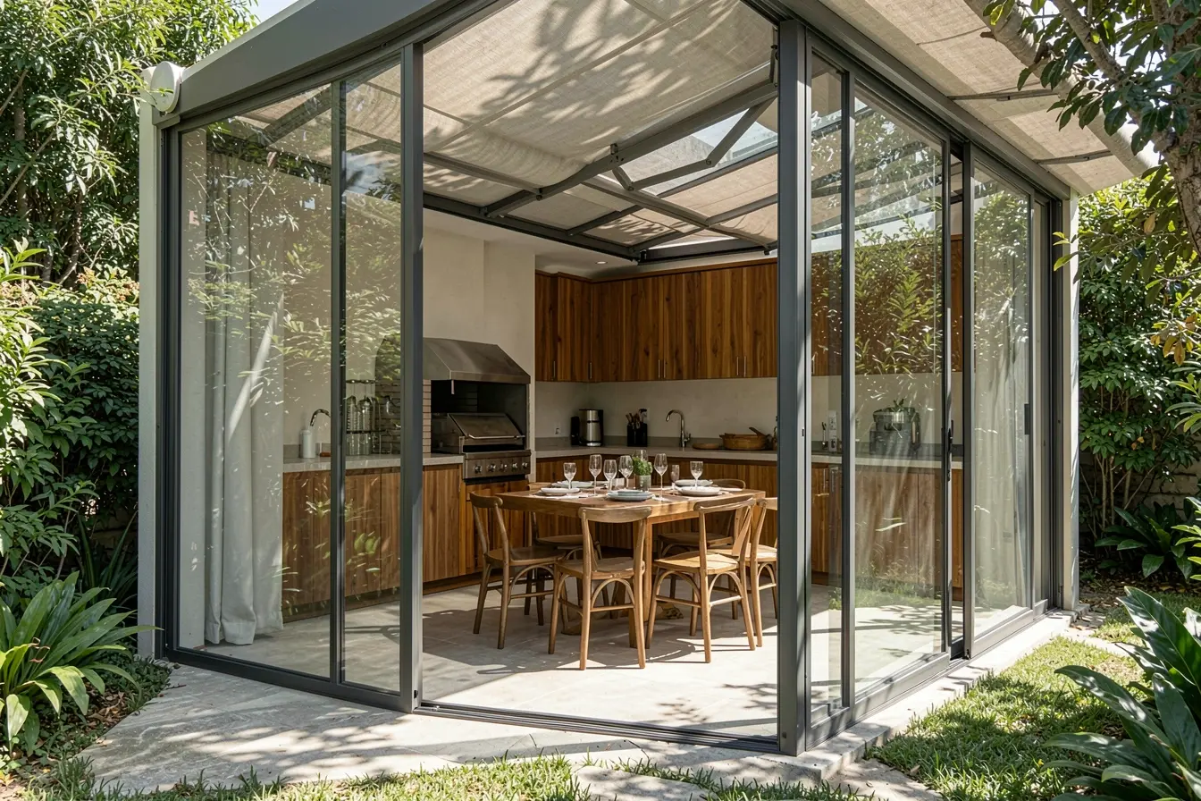 cobertura-retratil-sobre-area-gourmet-envidracada-reduzindo-calor-e-incidencia-direta-do-sol Área gourmet fechada com vidro: o que usar para controlar sol, calor e privacidade cobertura-retratil-sobre-area-gourmet-envidracada-reduzindo-calor-e-incidencia-direta-do-sol Área gourmet fechada com vidro: o que usar para controlar sol, calor e privacidade