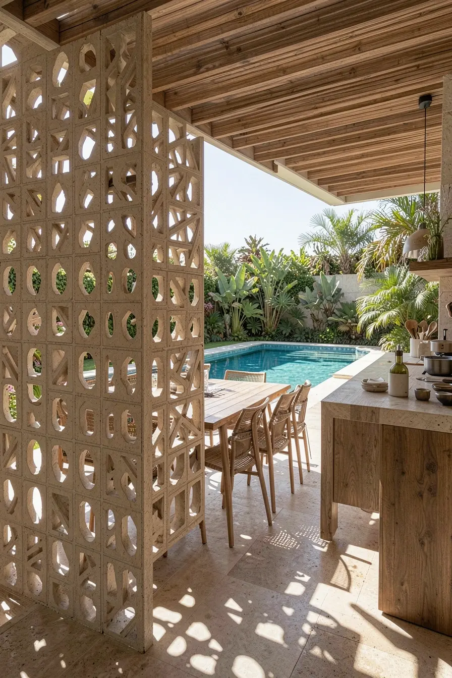 cobogo-lateral-protege-a-mesa-da-area-gourmet-e-mantem-a-piscina-iluminada-e-visivel Privacidade na área gourmet com piscina sem bloquear a luz e a paisagem cobogo-lateral-protege-a-mesa-da-area-gourmet-e-mantem-a-piscina-iluminada-e-visivel Privacidade na área gourmet com piscina sem bloquear a luz e a paisagem