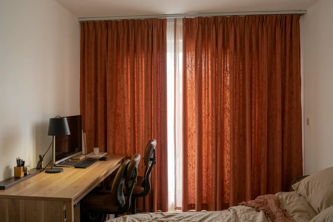 cortina-terracota-separando-escritorio-e-cama-controlando-privacidade-e-criando-aconchego-no-quarto Trabalho e descanso no mesmo quarto: a divisória certa evita a sensação de improviso cortina-terracota-separando-escritorio-e-cama-controlando-privacidade-e-criando-aconchego-no-quarto Trabalho e descanso no mesmo quarto: a divisória certa evita a sensação de improviso