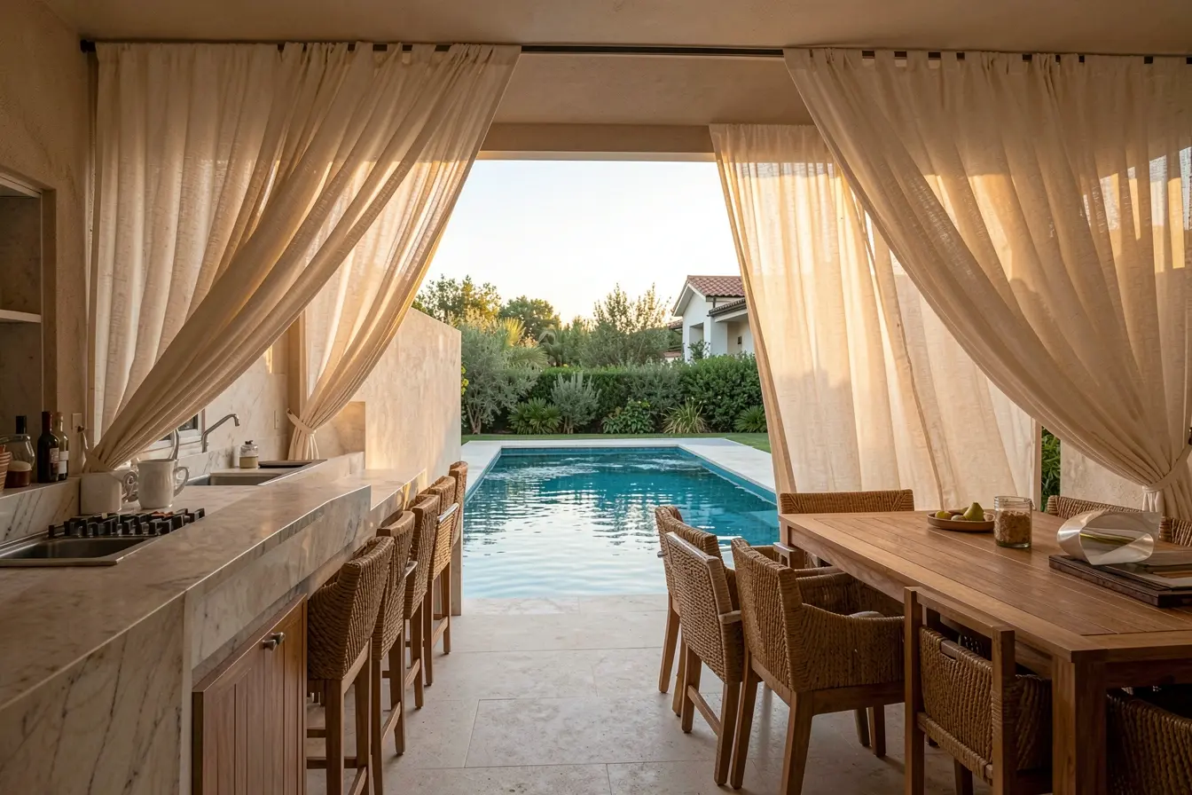 cortinas-externas-protegem-a-area-gourmet-da-vizinhanca-mantendo-a-piscina-aberta-para-a-paisagem Privacidade na área gourmet com piscina sem bloquear a luz e a paisagem cortinas-externas-protegem-a-area-gourmet-da-vizinhanca-mantendo-a-piscina-aberta-para-a-paisagem Privacidade na área gourmet com piscina sem bloquear a luz e a paisagem