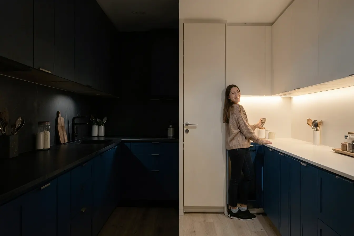 cozinha-pequena-transformada-com-cores-iluminacao-e-armarios-que-ampliam-a-sensacao-de-espaco O que faz uma cozinha pequena parecer maior está nas cores, na luz e nos armários cozinha-pequena-transformada-com-cores-iluminacao-e-armarios-que-ampliam-a-sensacao-de-espaco O que faz uma cozinha pequena parecer maior está nas cores, na luz e nos armários