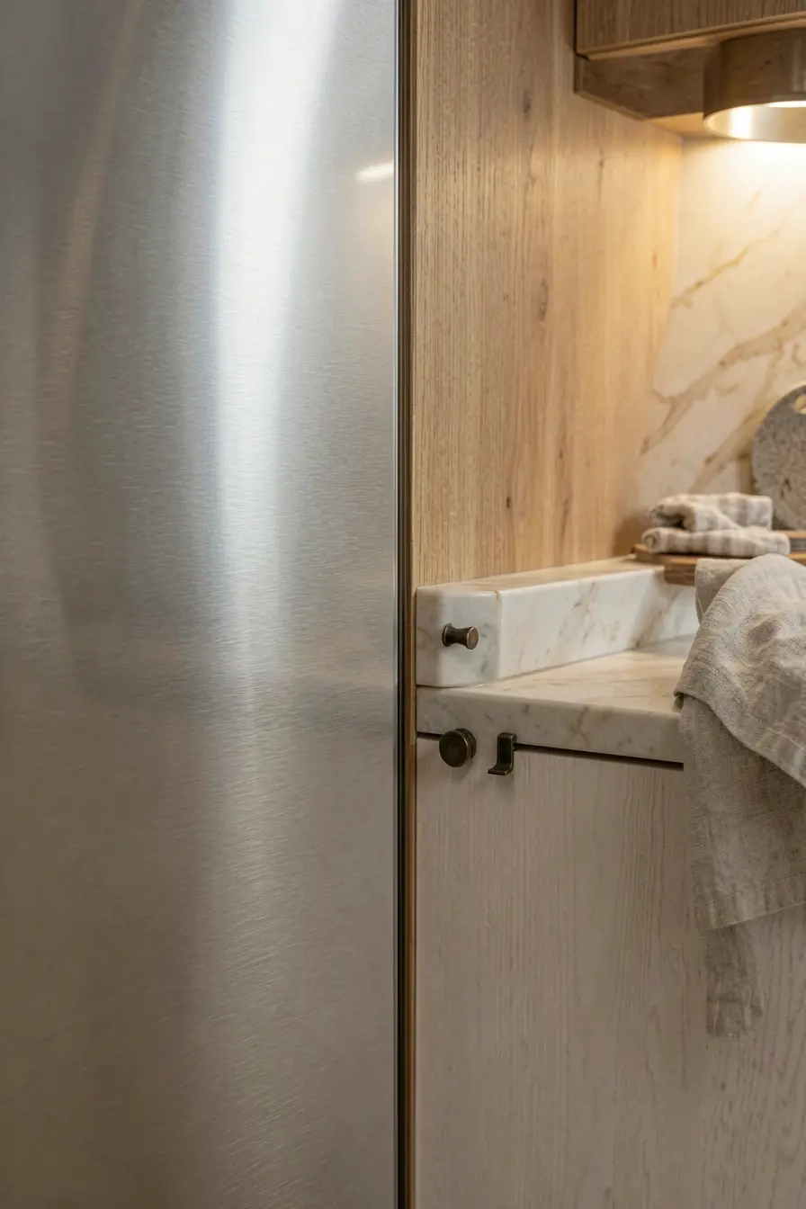detalhe-compara-inox-brilhante-e-escovado-com-madeira-pedra-clara-e-iluminacao-quente Móveis de aço inox sem aparência industrial: acabamentos que aquecem a decoração detalhe-compara-inox-brilhante-e-escovado-com-madeira-pedra-clara-e-iluminacao-quente Móveis de aço inox sem aparência industrial: acabamentos que aquecem a decoração