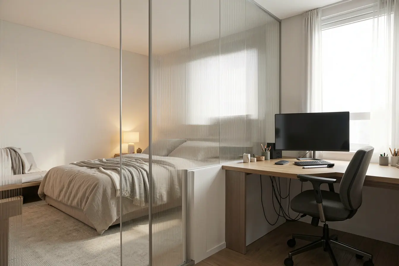 divisoria-de-vidro-canelado-entre-cama-e-escritorio-mantendo-luz-natural-privacidade-e-sensacao-de-amplitude Trabalho e descanso no mesmo quarto: a divisória certa evita a sensação de improviso divisoria-de-vidro-canelado-entre-cama-e-escritorio-mantendo-luz-natural-privacidade-e-sensacao-de-amplitude Trabalho e descanso no mesmo quarto: a divisória certa evita a sensação de improviso