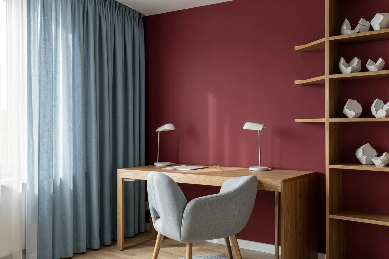 escritorio-com-parede-marsala-cortina-azul-acinzentada-e-moveis-claros-em-composicao-contemporanea Decoração marsala: combinações de cores para não escurecer os ambientes escritorio-com-parede-marsala-cortina-azul-acinzentada-e-moveis-claros-em-composicao-contemporanea Decoração marsala: combinações de cores para não escurecer os ambientes
