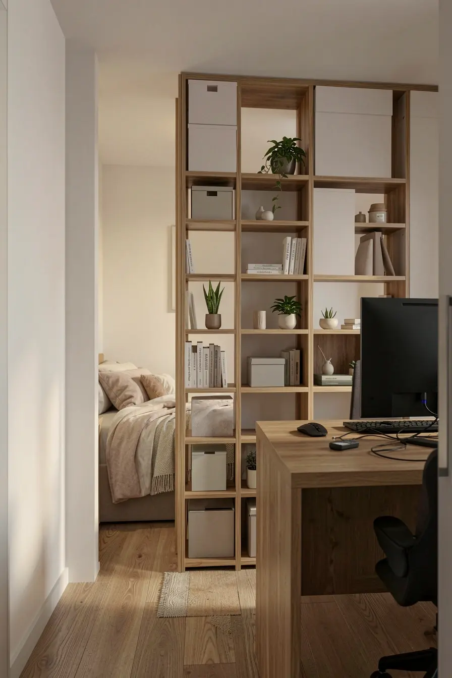 estante-vazada-separando-cama-e-mesa-de-trabalho-em-quarto-compacto-com-luz-natural-e-cabos-escondidos Trabalho e descanso no mesmo quarto: a divisória certa evita a sensação de improviso estante-vazada-separando-cama-e-mesa-de-trabalho-em-quarto-compacto-com-luz-natural-e-cabos-escondidos Trabalho e descanso no mesmo quarto: a divisória certa evita a sensação de improviso
