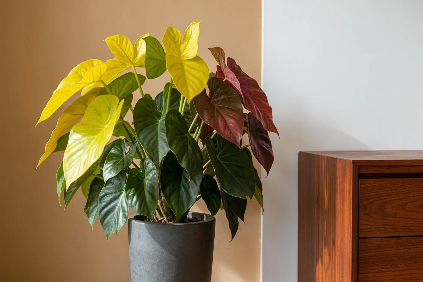 filodendro-com-folhas-jovens-amarelas-e-maduras-verdes-diante-de-movel-avermelhado-e-parede-neutra O fundo certo para folhagens que mudam de cor valoriza cada nuance da planta filodendro-com-folhas-jovens-amarelas-e-maduras-verdes-diante-de-movel-avermelhado-e-parede-neutra O fundo certo para folhagens que mudam de cor valoriza cada nuance da planta