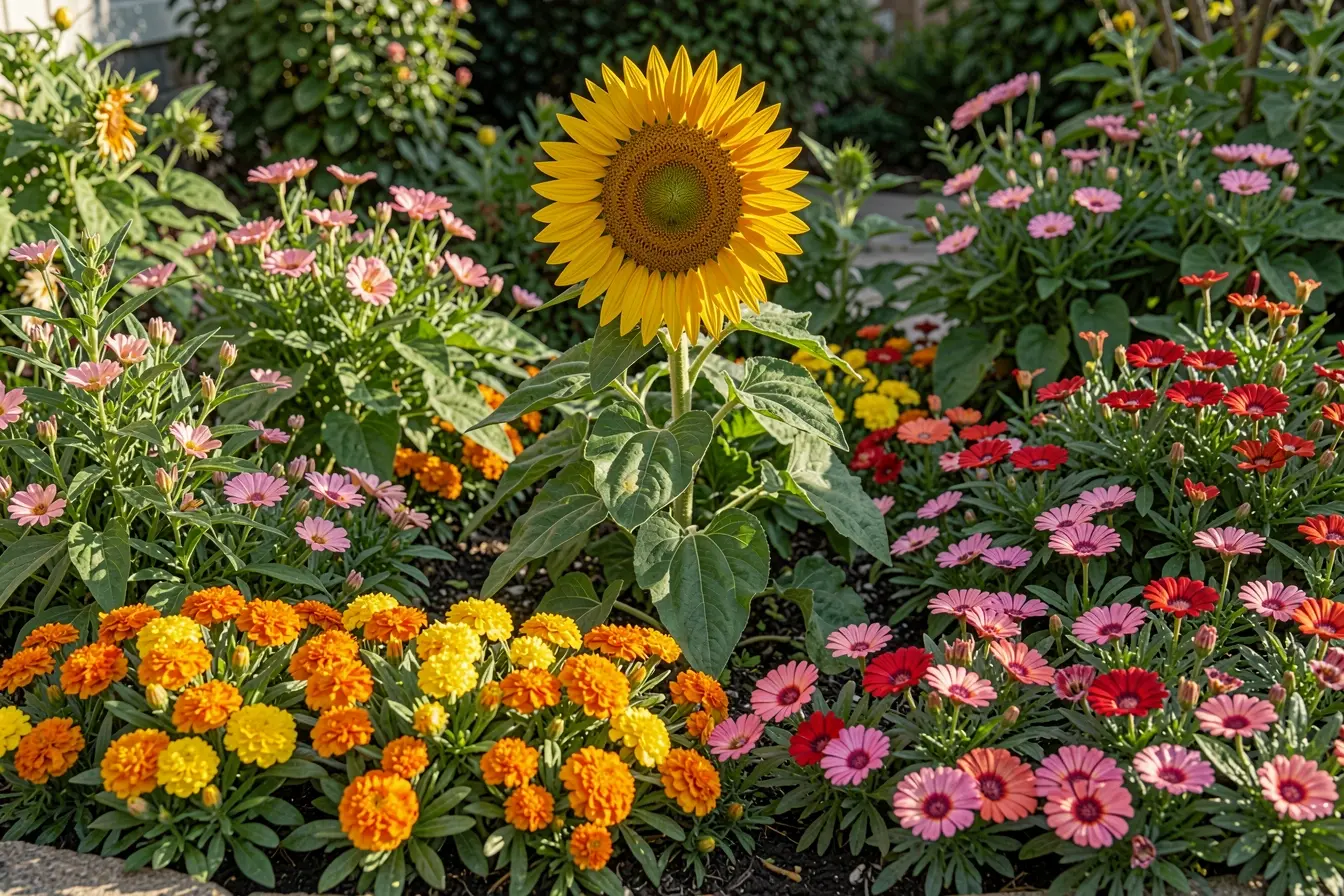 girassol-cercado-por-tagetes-e-zinias-coloridas-em-composicao-alegre-e-organizada-no-jardim Girassol no jardim fica mais bonito ao lado destas plantas companheiras girassol-cercado-por-tagetes-e-zinias-coloridas-em-composicao-alegre-e-organizada-no-jardim Girassol no jardim fica mais bonito ao lado destas plantas companheiras