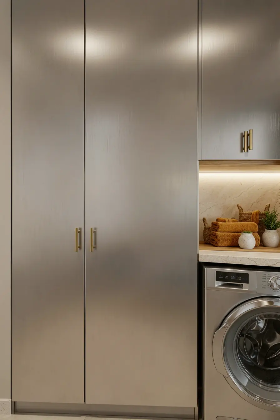 lavanderia-residencial-com-armarios-de-inox-escovado-madeira-pedra-clara-e-puxadores-dourados Móveis de aço inox sem aparência industrial: acabamentos que aquecem a decoração lavanderia-residencial-com-armarios-de-inox-escovado-madeira-pedra-clara-e-puxadores-dourados Móveis de aço inox sem aparência industrial: acabamentos que aquecem a decoração