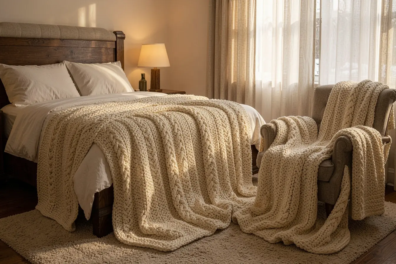 manta-de-trico-encorpado-aos-pes-da-cama-em-quarto-acolhedor Tricô, linho ou fleece? O tecido da manta muda o efeito da decoração manta-de-trico-encorpado-aos-pes-da-cama-em-quarto-acolhedor Tricô, linho ou fleece? O tecido da manta muda o efeito da decoração