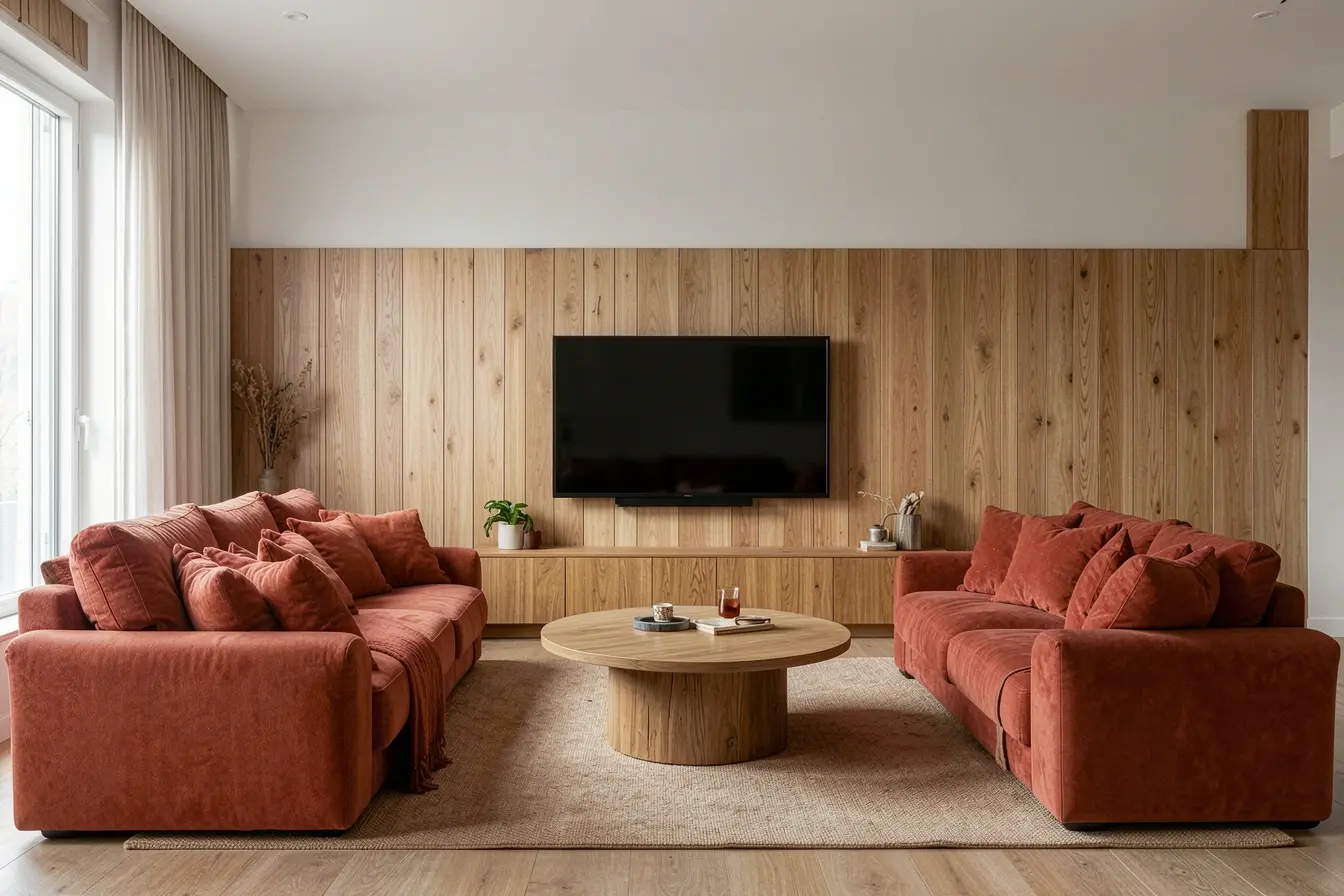 meia-parede-de-madeira-equilibrando-sofa-grande-e-televisao-em-sala-aconchegante Painel de madeira até o teto ou meia parede? A escolha muda a sensação da sala meia-parede-de-madeira-equilibrando-sofa-grande-e-televisao-em-sala-aconchegante Painel de madeira até o teto ou meia parede? A escolha muda a sensação da sala