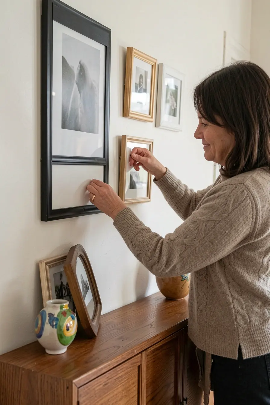 mulher-ajustando-uma-moldura-para-equilibrar-composicao-assimetrica-sobre-aparador Por que uma parede com quadros nem sempre pede simetria mulher-ajustando-uma-moldura-para-equilibrar-composicao-assimetrica-sobre-aparador Por que uma parede com quadros nem sempre pede simetria