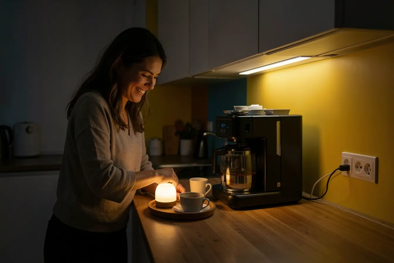mulher-coloca-pequeno-abajur-na-cozinha-e-cria-luz-acolhedora-ao-lado-do-cafe Pequenos abajures e tomadas: os pontos esquecidos na cozinha e no banheiro mulher-coloca-pequeno-abajur-na-cozinha-e-cria-luz-acolhedora-ao-lado-do-cafe Pequenos abajures e tomadas: os pontos esquecidos na cozinha e no banheiro