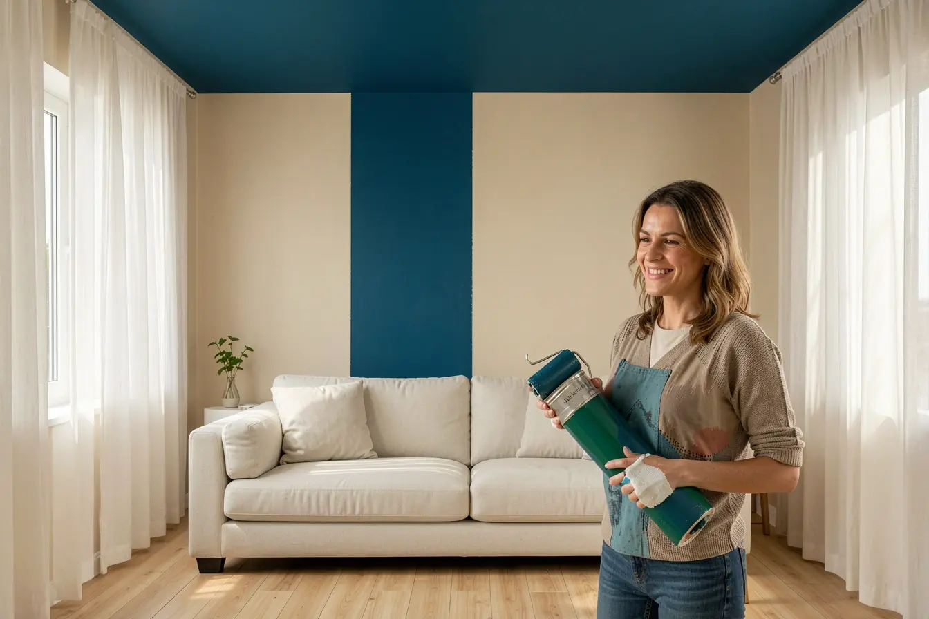mulher-compara-azul-petroleo-aplicado-no-teto-e-na-parede-de-uma-sala-neutra Paredes, teto ou móveis? Onde a cor encontra seu lugar na casa neutra mulher-compara-azul-petroleo-aplicado-no-teto-e-na-parede-de-uma-sala-neutra Paredes, teto ou móveis? Onde a cor encontra seu lugar na casa neutra