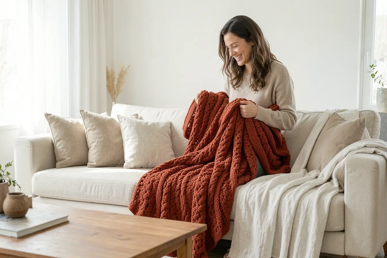 mulher-compara-manta-de-trico-e-manta-de-linho-em-sala-decorada Tricô, linho ou fleece? O tecido da manta muda o efeito da decoração mulher-compara-manta-de-trico-e-manta-de-linho-em-sala-decorada Tricô, linho ou fleece? O tecido da manta muda o efeito da decoração