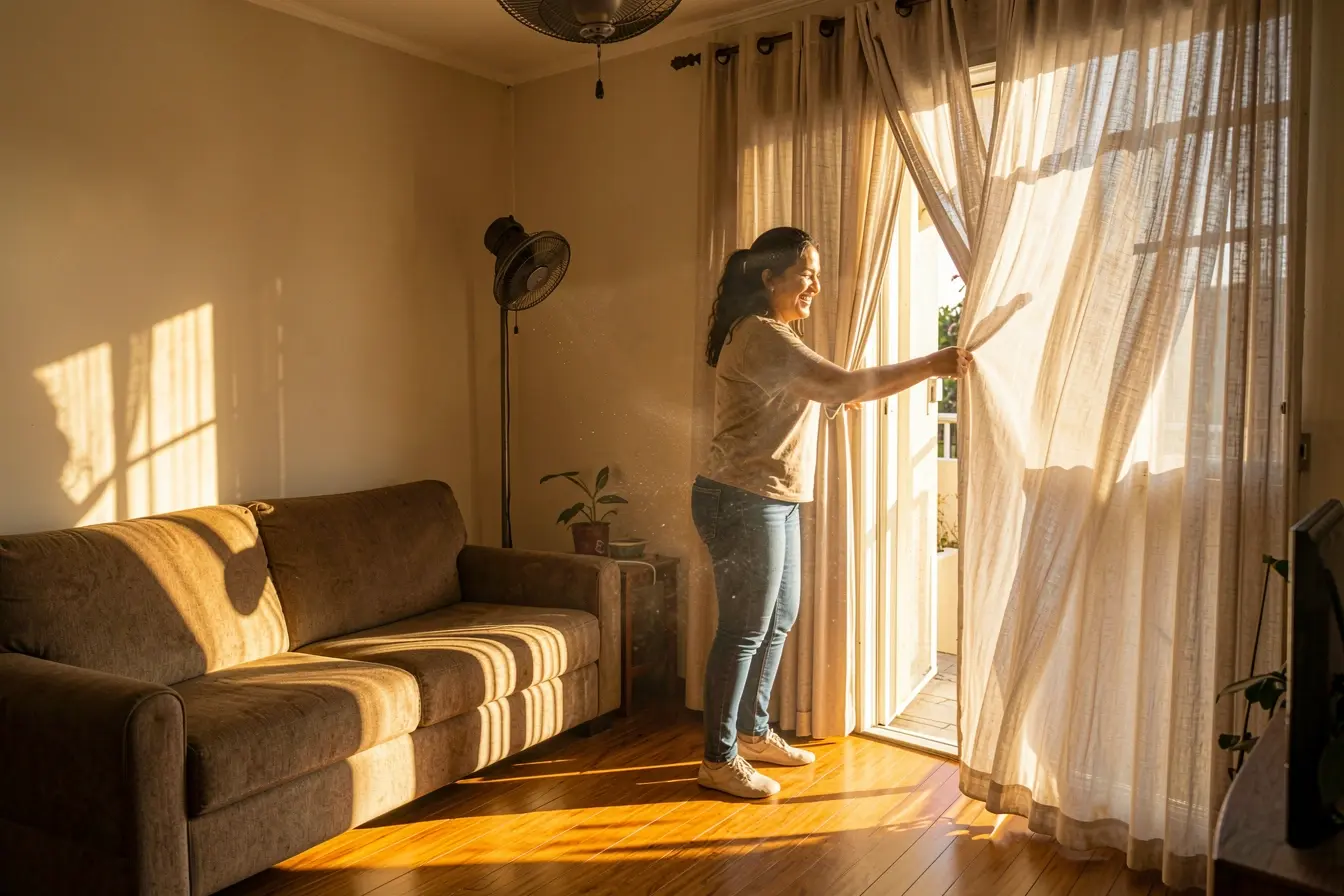 mulher-identifica-janela-ensolarada-que-mantem-a-sala-quente-apesar-do-ventilador-ligado A casa continua quente mesmo com ventilador? Estes pontos podem estar segurando o calor mulher-identifica-janela-ensolarada-que-mantem-a-sala-quente-apesar-do-ventilador-ligado A casa continua quente mesmo com ventilador? Estes pontos podem estar segurando o calor