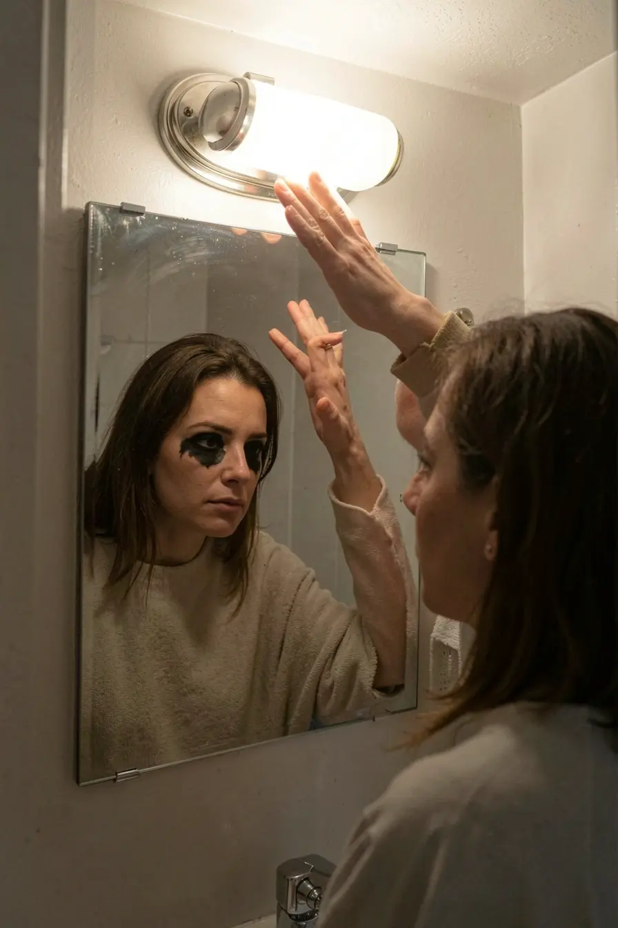 mulher-identifica-sombras-causadas-pela-luz-superior-ao-observar-o-reflexo-no-espelho-do-banheiro A posição da luz no espelho pode alterar o rosto e a sensação de espaço no banheiro mulher-identifica-sombras-causadas-pela-luz-superior-ao-observar-o-reflexo-no-espelho-do-banheiro A posição da luz no espelho pode alterar o rosto e a sensação de espaço no banheiro