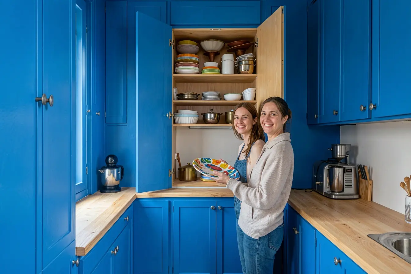 mulher-organiza-armario-ate-o-teto-em-cozinha-pequena-com-bancada-livre-e-armazenamento-vertical Armários até o teto na cozinha pequena: quando o espaço vertical vira aliadoത്തിനു mulher-organiza-armario-ate-o-teto-em-cozinha-pequena-com-bancada-livre-e-armazenamento-vertical Armários até o teto na cozinha pequena: quando o espaço vertical vira aliadoത്തിനു