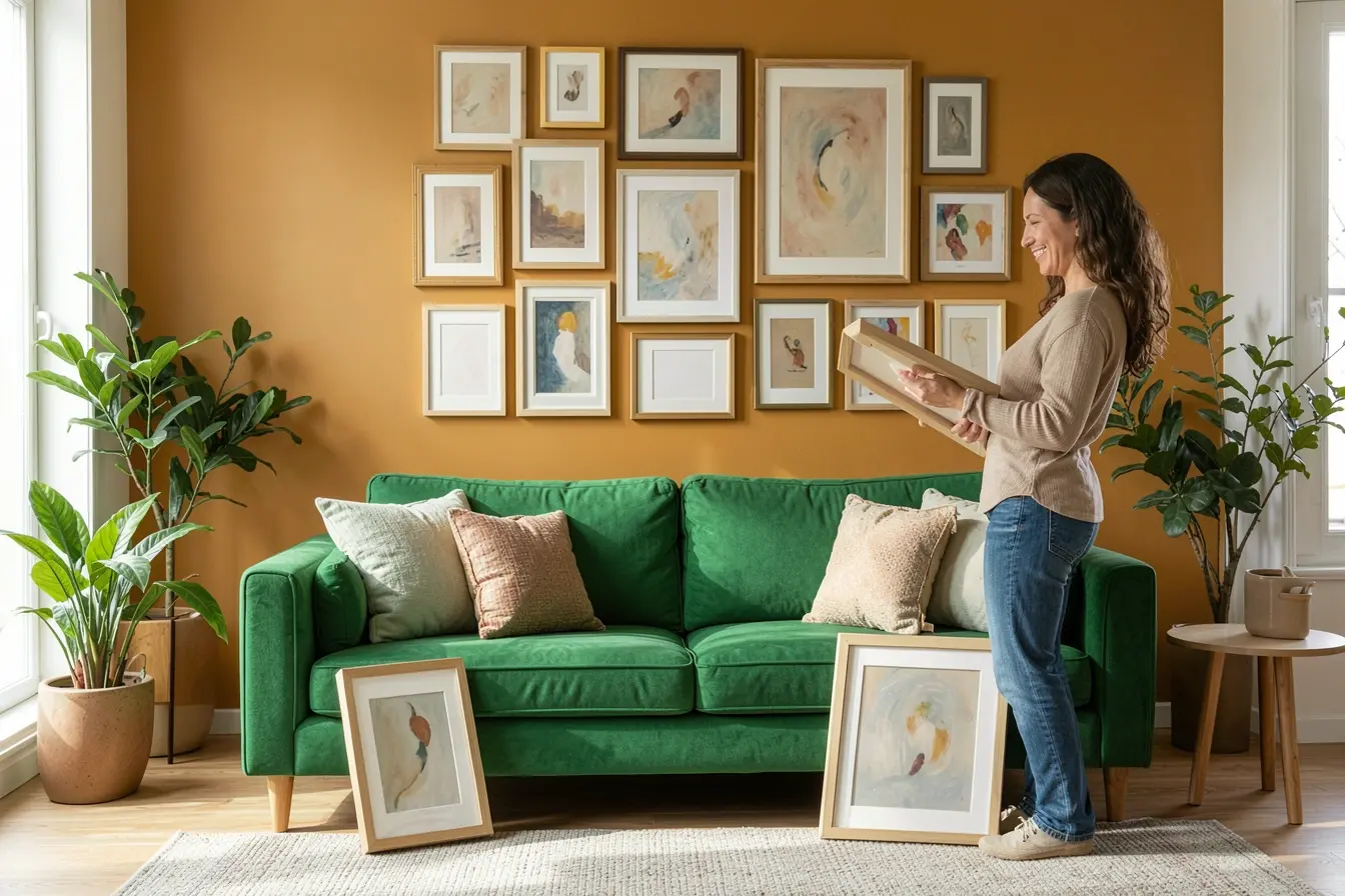 mulher-reorganizando-parede-com-quadros-assimetricos-sobre-sofa-colorido Por que uma parede com quadros nem sempre pede simetria mulher-reorganizando-parede-com-quadros-assimetricos-sobre-sofa-colorido Por que uma parede com quadros nem sempre pede simetria