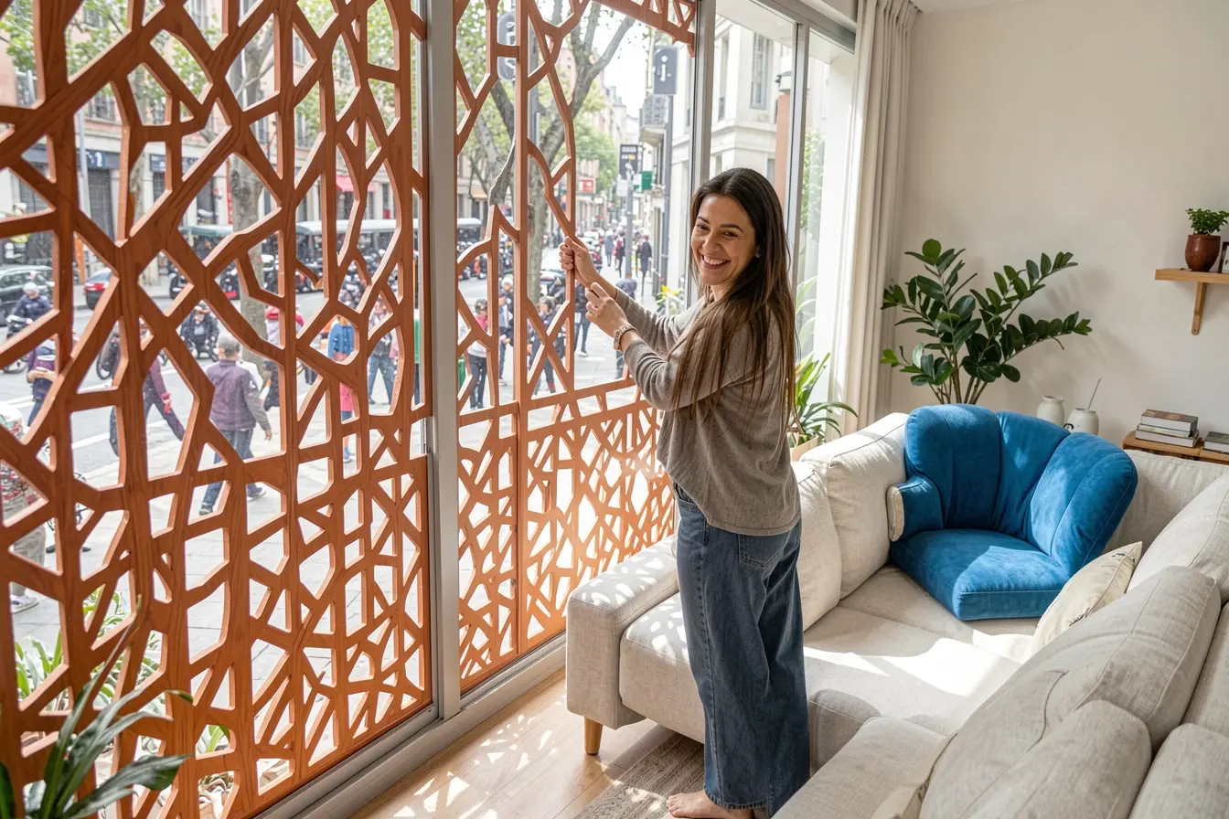 mulher-usa-muxarabi-na-sala-para-preservar-privacidade-sem-bloquear-a-luz-da-janela-1 Privacidade sem escurecer a casa: soluções que vão além das cortinas tradicionais mulher-usa-muxarabi-na-sala-para-preservar-privacidade-sem-bloquear-a-luz-da-janela-1 Privacidade sem escurecer a casa: soluções que vão além das cortinas tradicionais