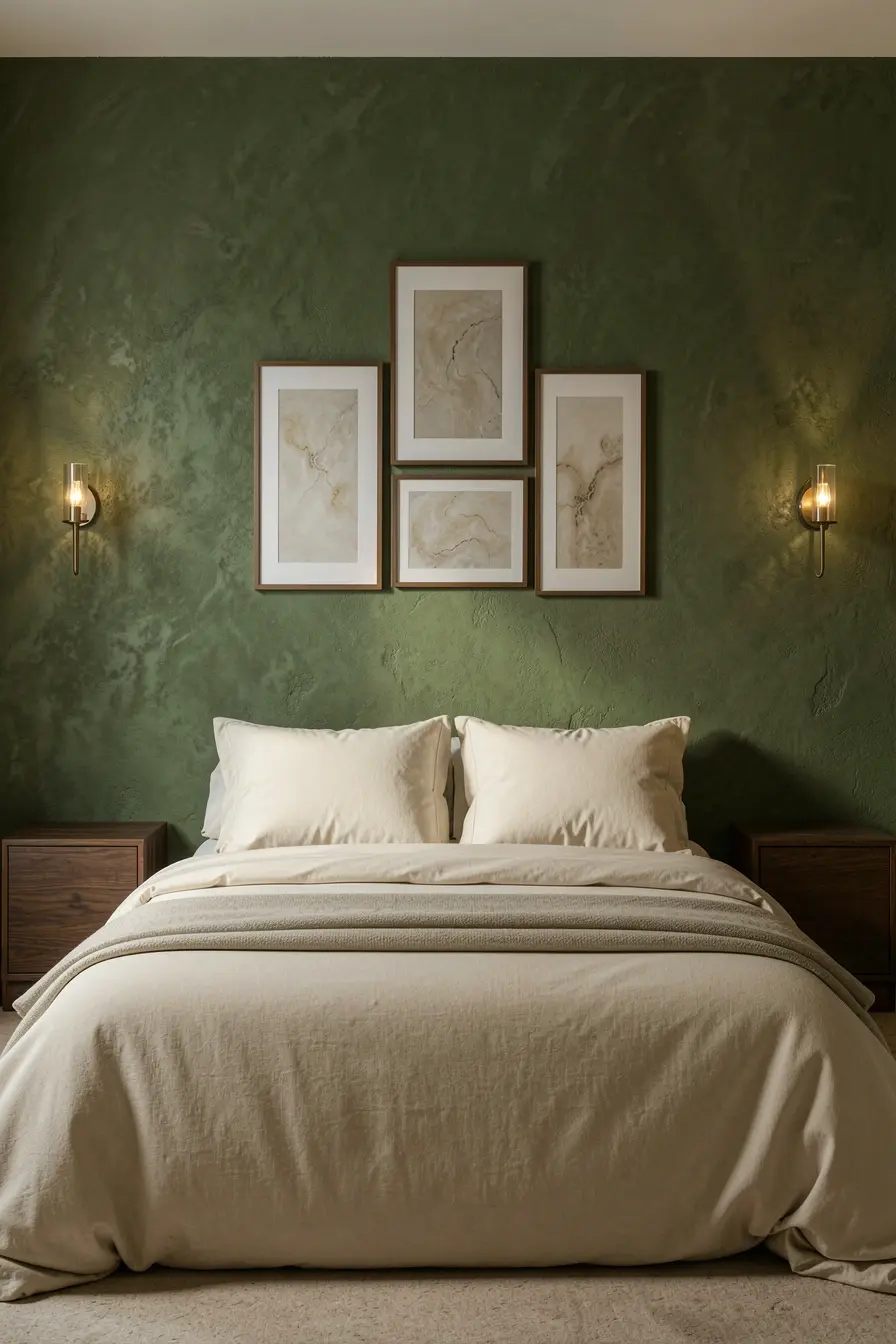 parede-verde-oliva-com-textura-mineral-e-quadros-alinhados-destaca-a-cama-como-cabeceira-arquitetonica A parede atrás da cama pode substituir a cabeceira e deixar o quarto mais acolhedor parede-verde-oliva-com-textura-mineral-e-quadros-alinhados-destaca-a-cama-como-cabeceira-arquitetonica A parede atrás da cama pode substituir a cabeceira e deixar o quarto mais acolhedor