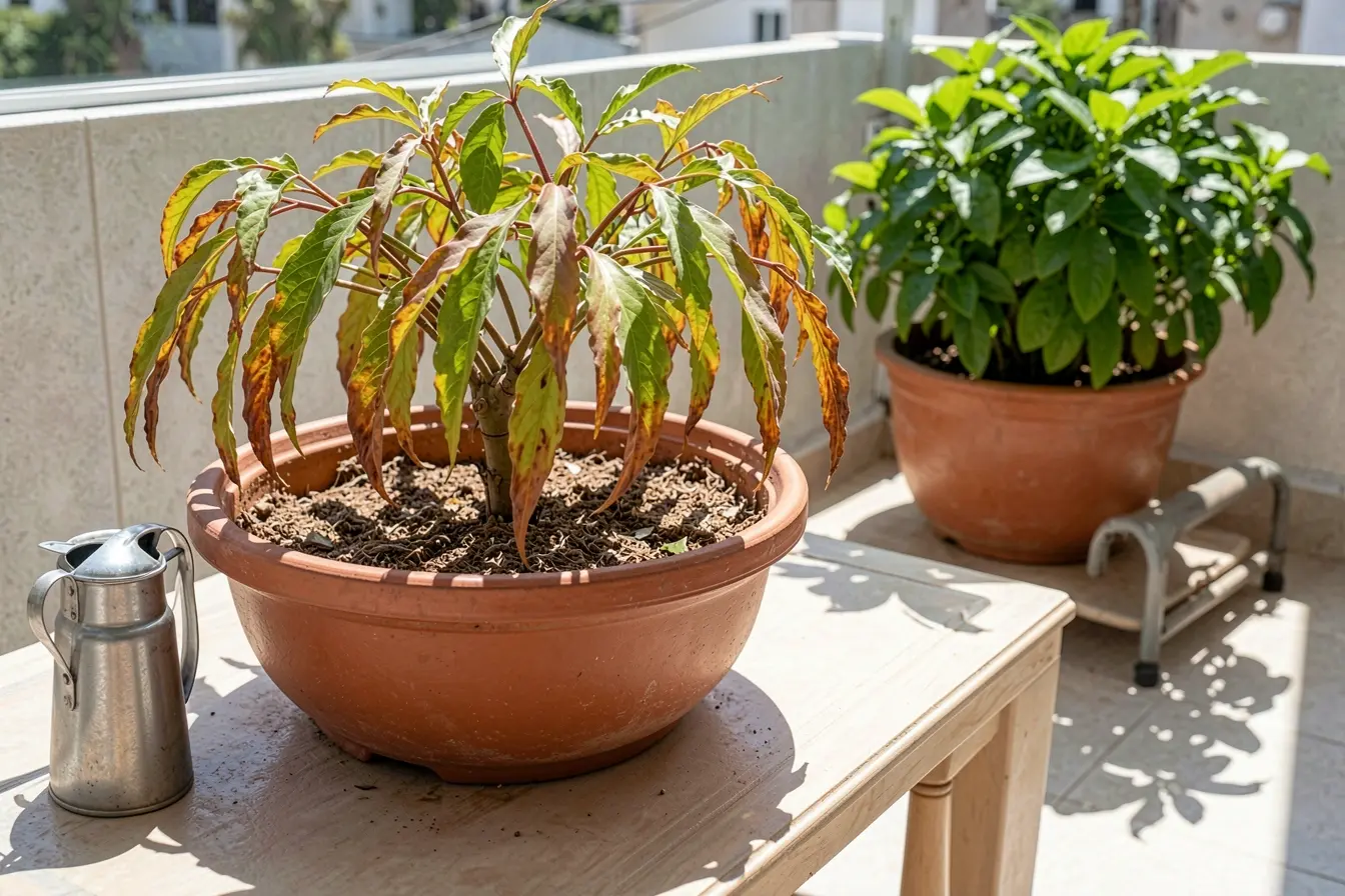 planta-murcha-em-vaso-raso-que-seca-rapidamente-ao-sol-intenso-em-comparacao-com-recipiente-profundo O vaso errado pode arruinar plantas que aguentam calor, mesmo sob sol intenso planta-murcha-em-vaso-raso-que-seca-rapidamente-ao-sol-intenso-em-comparacao-com-recipiente-profundo O vaso errado pode arruinar plantas que aguentam calor, mesmo sob sol intenso
