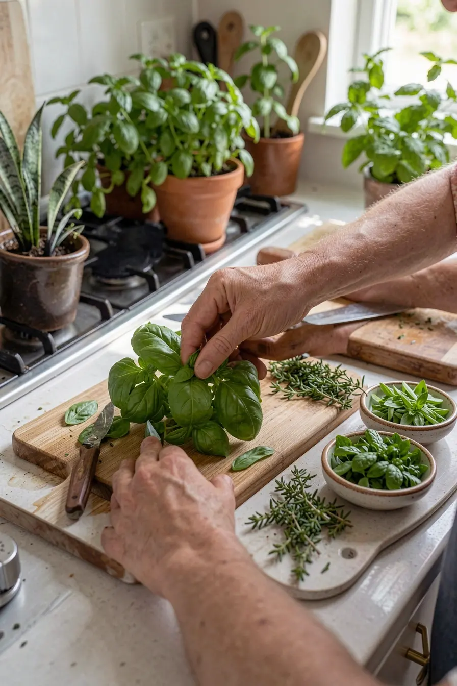 poda-de-manjericao-e-colheita-de-ervas-frescas-organizadas-na-bancada-da-cozinha Horta para apartamentos: ervas que perfumam a cozinha e deixam tudo à mão poda-de-manjericao-e-colheita-de-ervas-frescas-organizadas-na-bancada-da-cozinha Horta para apartamentos: ervas que perfumam a cozinha e deixam tudo à mão
