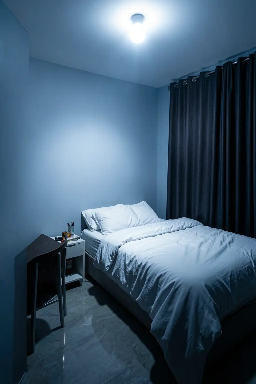 quarto-azul-acinzentado-iluminado-por-luz-branca-que-cria-uma-atmosfera-visualmente-ativa-e-pouco-relaxante As cores do quarto podem manter sua mente em alerta dentro de casa quarto-azul-acinzentado-iluminado-por-luz-branca-que-cria-uma-atmosfera-visualmente-ativa-e-pouco-relaxante As cores do quarto podem manter sua mente em alerta dentro de casa