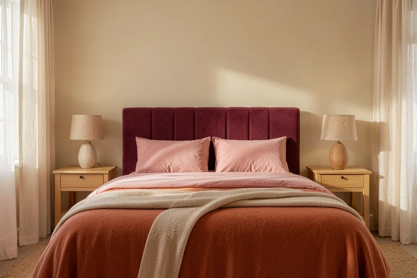quarto-com-cabeceira-marsala-roupa-de-cama-rose-terracota-clara-e-paredes-bege-luminosas Decoração marsala: combinações de cores para não escurecer os ambientes quarto-com-cabeceira-marsala-roupa-de-cama-rose-terracota-clara-e-paredes-bege-luminosas Decoração marsala: combinações de cores para não escurecer os ambientes