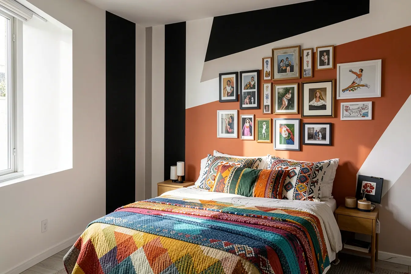 quarto-com-parede-geometrica-contrastante-e-excesso-de-estampas-que-mantem-o-olhar-constantemente-em-movimento As cores do quarto podem manter sua mente em alerta dentro de casa quarto-com-parede-geometrica-contrastante-e-excesso-de-estampas-que-mantem-o-olhar-constantemente-em-movimento As cores do quarto podem manter sua mente em alerta dentro de casa