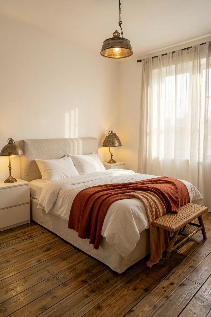 quarto-com-piso-de-madeira-rustica-cabeceira-clara-tecidos-suaves-e-iluminacao-acolhedora-para-equilibrar-o-ambiente O que combina com piso que imita madeira rústica sem deixar o ambiente pesado quarto-com-piso-de-madeira-rustica-cabeceira-clara-tecidos-suaves-e-iluminacao-acolhedora-para-equilibrar-o-ambiente O que combina com piso que imita madeira rústica sem deixar o ambiente pesado