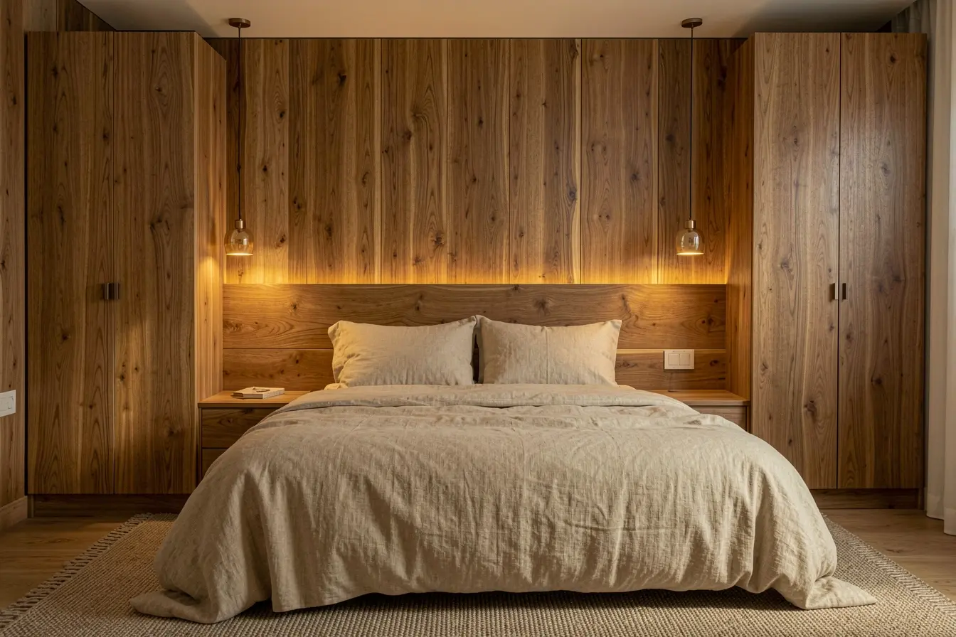revestimento-de-madeira-atras-da-cama-cria-cabeceira-arquitetonica-acolhedora-e-integrada-aos-criados-mudos A parede atrás da cama pode substituir a cabeceira e deixar o quarto mais acolhedor revestimento-de-madeira-atras-da-cama-cria-cabeceira-arquitetonica-acolhedora-e-integrada-aos-criados-mudos A parede atrás da cama pode substituir a cabeceira e deixar o quarto mais acolhedor