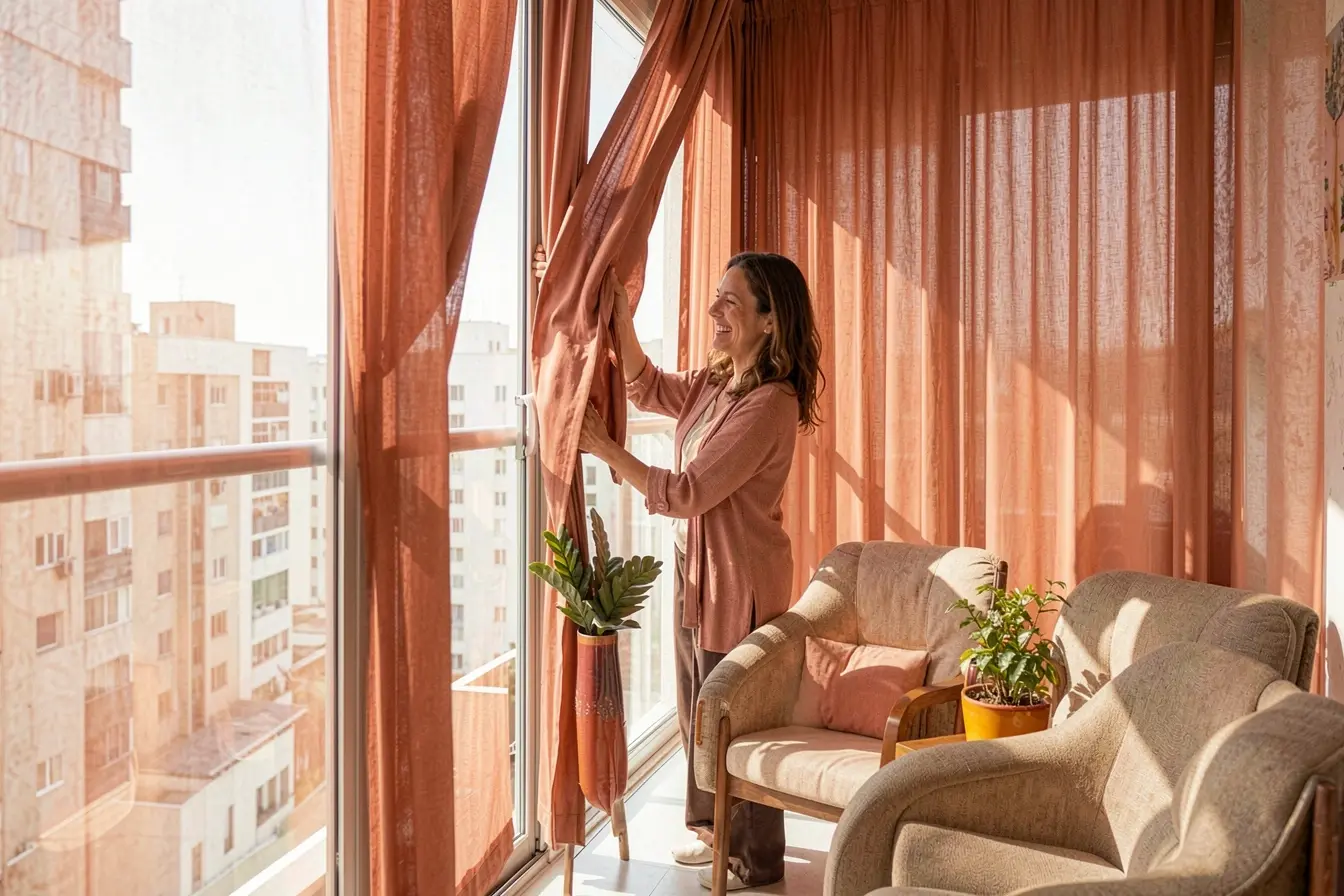 sacada-de-apartamento-com-cortina-translucida-filtrando-olhares-e-mantendo-luz-natural Mais privacidade na sacada do apartamento com soluções bonitas para fugir dos olhares sacada-de-apartamento-com-cortina-translucida-filtrando-olhares-e-mantendo-luz-natural Mais privacidade na sacada do apartamento com soluções bonitas para fugir dos olhares
