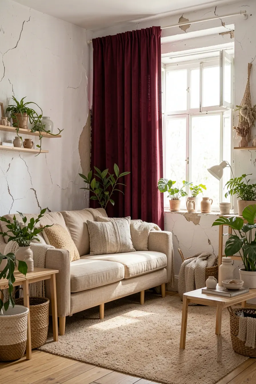sala-com-cortina-marsala-sofa-bege-paredes-claras-madeira-natural-e-decoracao-leve Decoração marsala: combinações de cores para não escurecer os ambientes sala-com-cortina-marsala-sofa-bege-paredes-claras-madeira-natural-e-decoracao-leve Decoração marsala: combinações de cores para não escurecer os ambientes