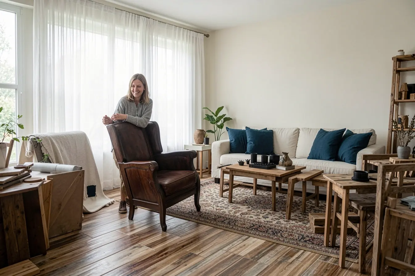 sala-com-piso-de-madeira-rustica-sendo-reorganizada-para-criar-uma-decoracao-mais-leve-e-equilibrada O que combina com piso que imita madeira rústica sem deixar o ambiente pesado sala-com-piso-de-madeira-rustica-sendo-reorganizada-para-criar-uma-decoracao-mais-leve-e-equilibrada O que combina com piso que imita madeira rústica sem deixar o ambiente pesado