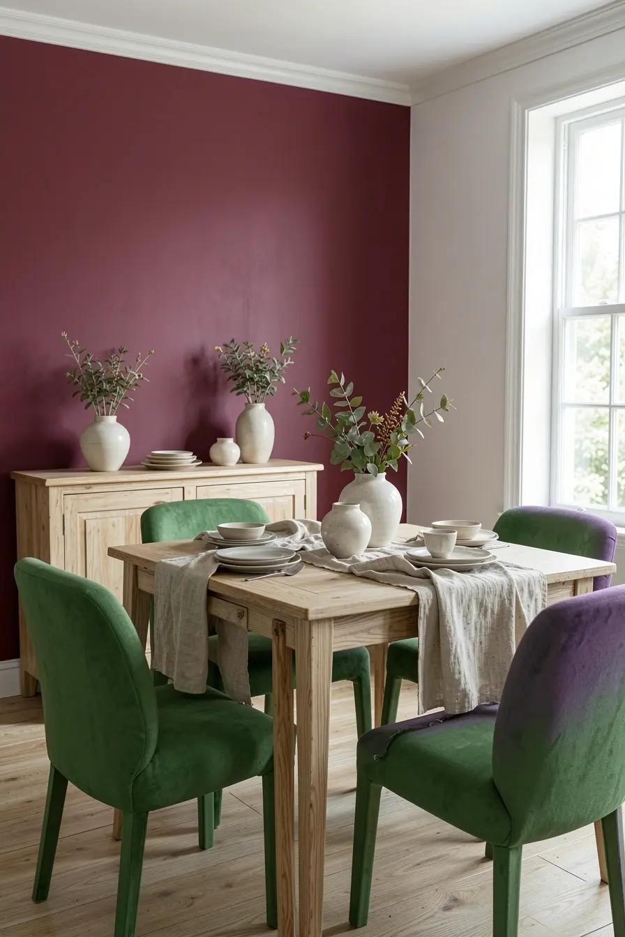 sala-de-jantar-com-parede-marsala-cadeiras-verde-salvia-madeira-clara-e-iluminacao-natural-equilibrada Decoração marsala: combinações de cores para não escurecer os ambientes sala-de-jantar-com-parede-marsala-cadeiras-verde-salvia-madeira-clara-e-iluminacao-natural-equilibrada Decoração marsala: combinações de cores para não escurecer os ambientes