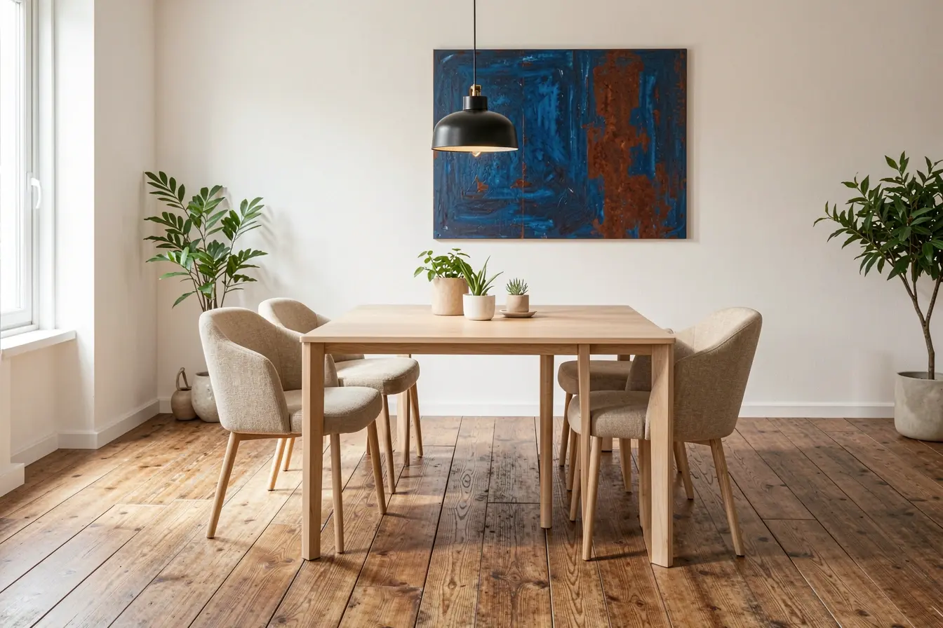 sala-de-jantar-com-piso-amadeirado-rustico-mesa-clara-cadeiras-estofadas-e-detalhes-modernos-que-evitam-excesso-visual O que combina com piso que imita madeira rústica sem deixar o ambiente pesado sala-de-jantar-com-piso-amadeirado-rustico-mesa-clara-cadeiras-estofadas-e-detalhes-modernos-que-evitam-excesso-visual O que combina com piso que imita madeira rústica sem deixar o ambiente pesado