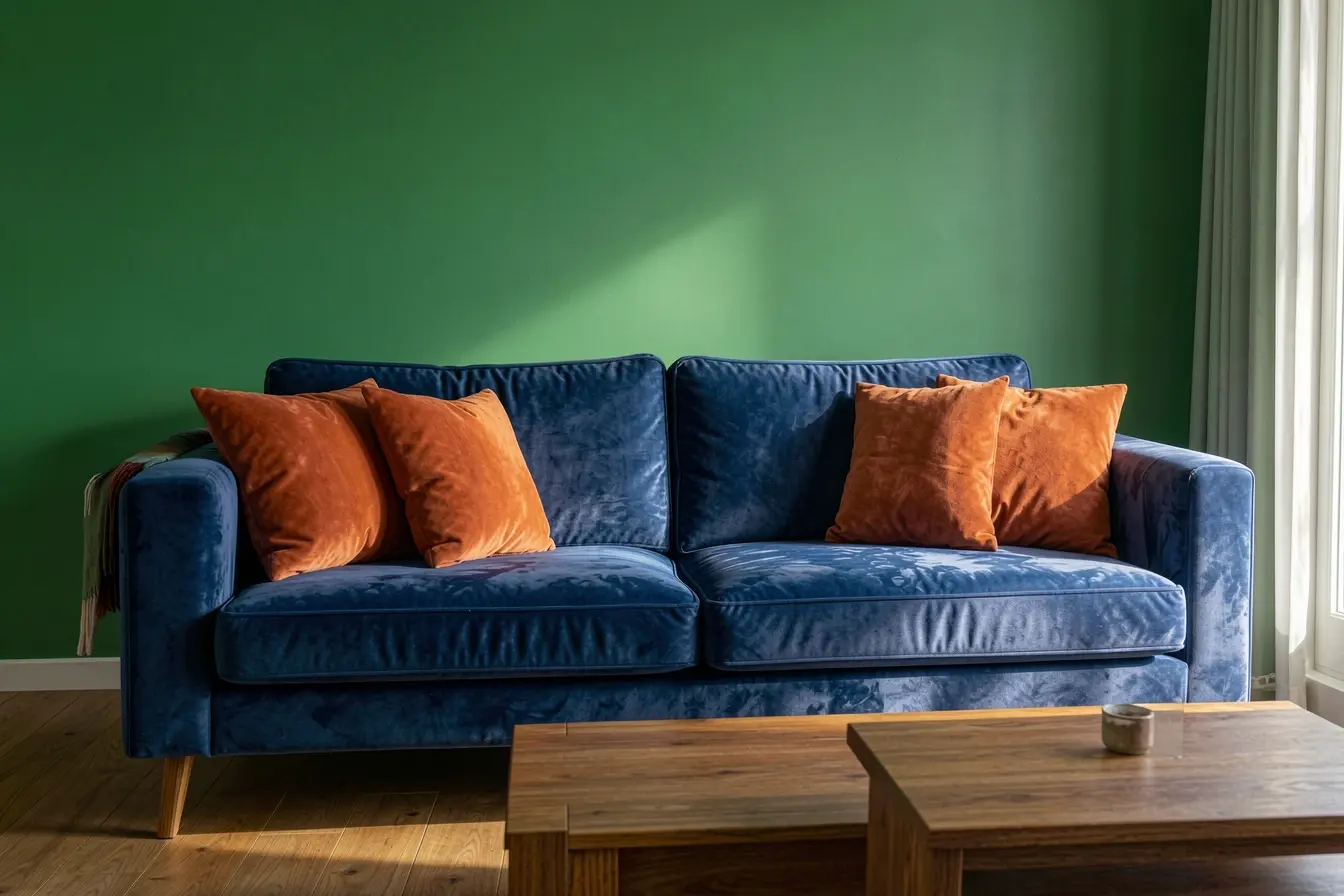 sofa-azul-parece-mais-escuro-e-arroxeado-ao-lado-de-parede-verde-e-almofadas-terracota A luz da casa pode fazer azul, terracota e verde parecerem outra cor sofa-azul-parece-mais-escuro-e-arroxeado-ao-lado-de-parede-verde-e-almofadas-terracota A luz da casa pode fazer azul, terracota e verde parecerem outra cor