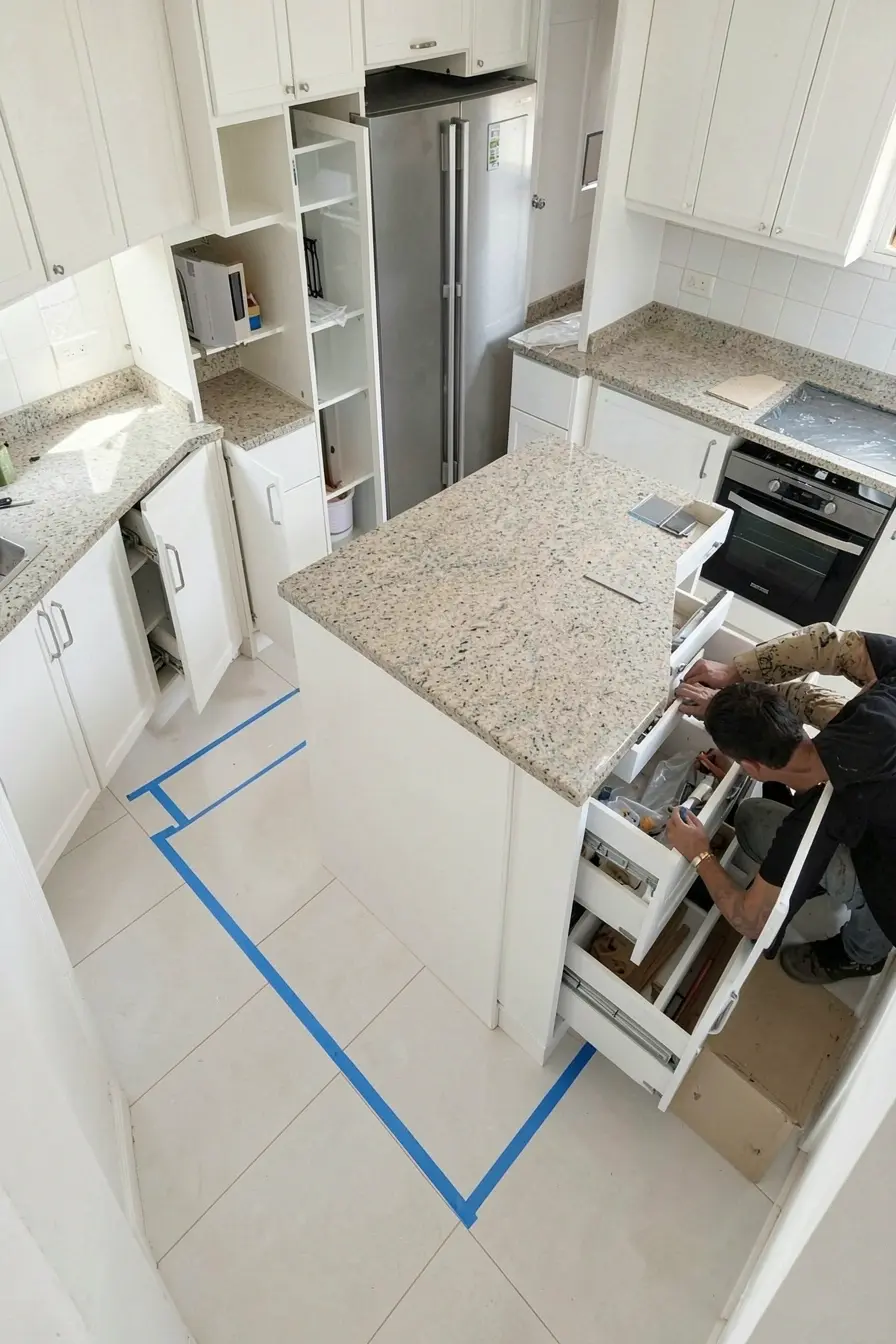 teste-do-espaco-da-ilha-com-fita-adesiva-no-piso-da-cozinha Qual é a medida certa da ilha para manter a circulação livre na cozinha pequena? teste-do-espaco-da-ilha-com-fita-adesiva-no-piso-da-cozinha Qual é a medida certa da ilha para manter a circulação livre na cozinha pequena?