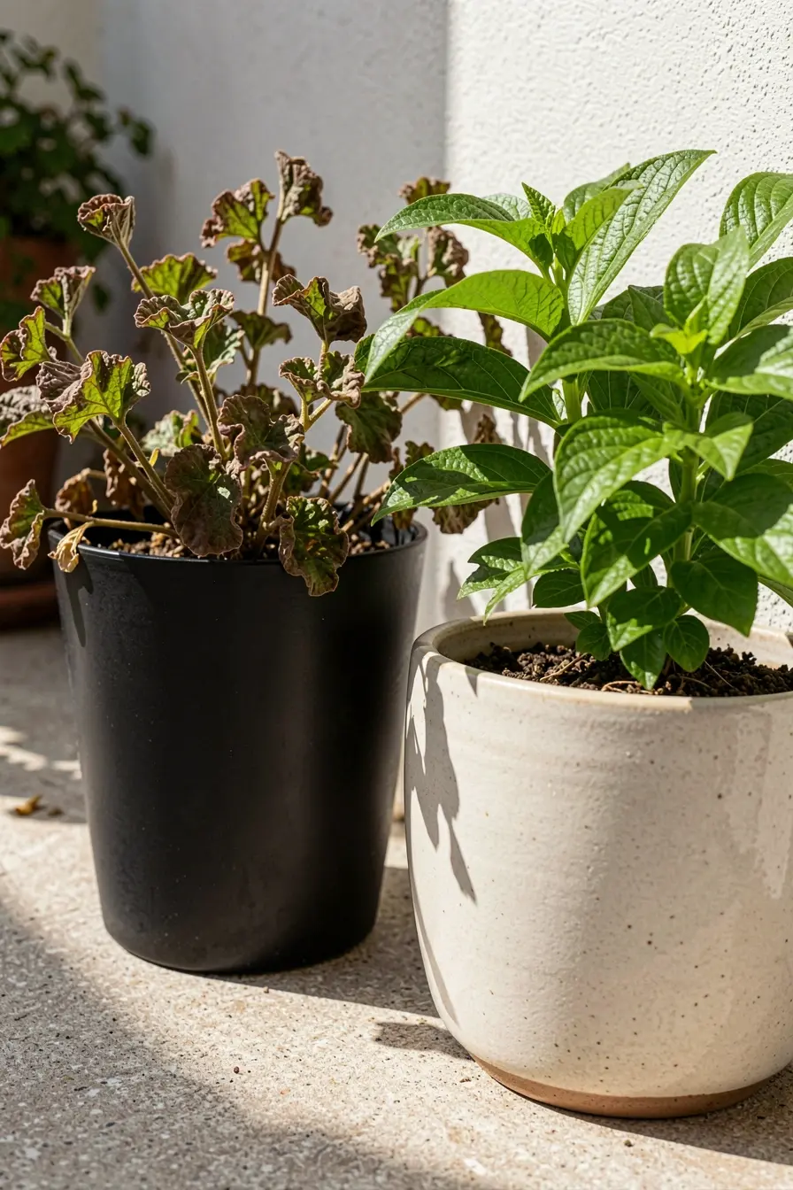 vasos-escuro-e-claro-expostos-ao-sol-mostrando-efeitos-diferentes-nas-folhas-das-plantas O vaso errado pode arruinar plantas que aguentam calor, mesmo sob sol intenso vasos-escuro-e-claro-expostos-ao-sol-mostrando-efeitos-diferentes-nas-folhas-das-plantas O vaso errado pode arruinar plantas que aguentam calor, mesmo sob sol intenso